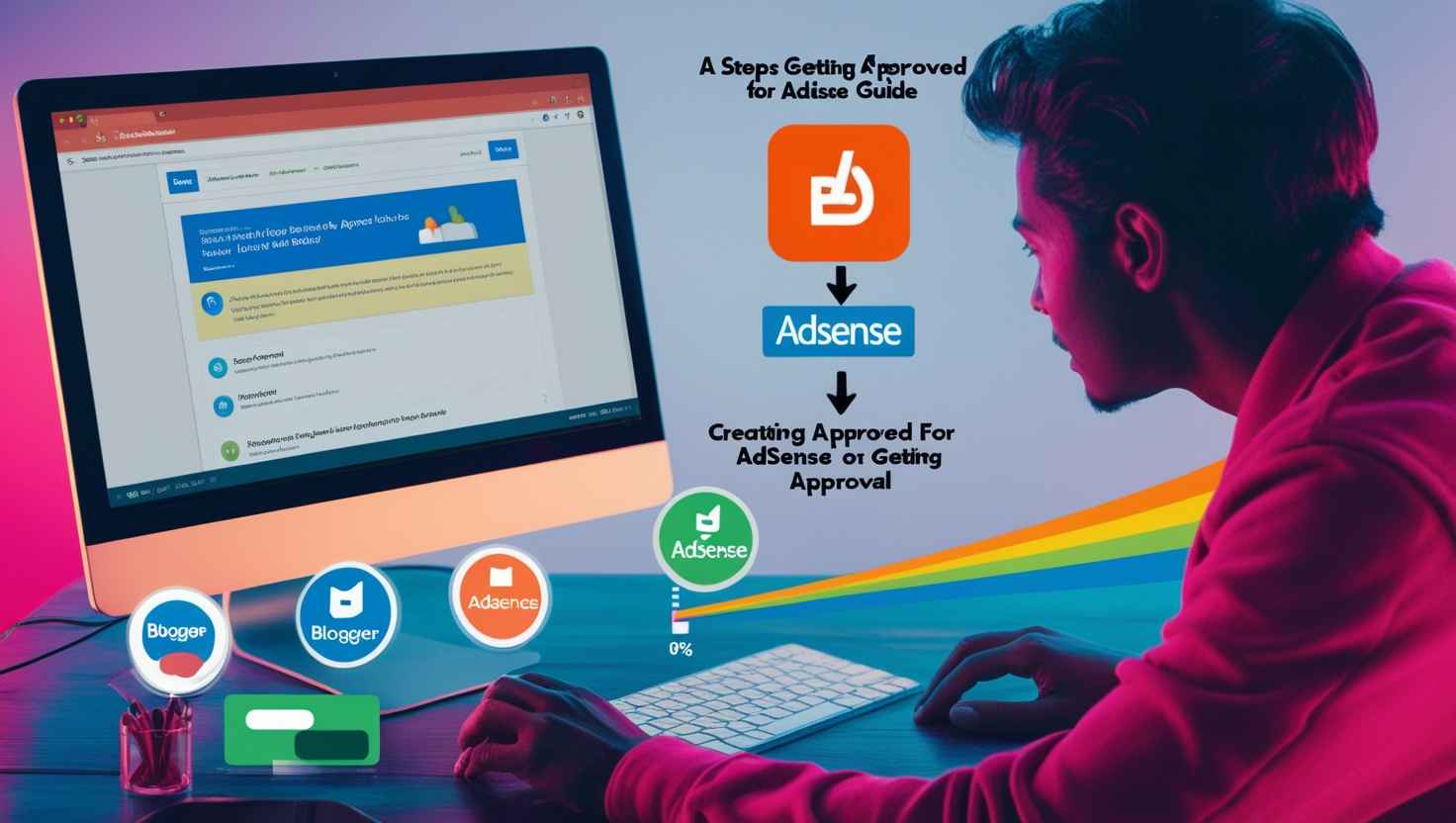 Person viewing an AdSense approval guide on a desktop screen with colorful design elements and Blogger/AdSense icons.